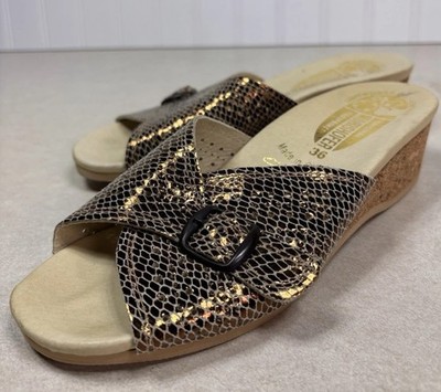 Worishofer 251 Cork Wedge Slide Gold Sandals Leather Shoes Womens 5.5 - 6 EU 36