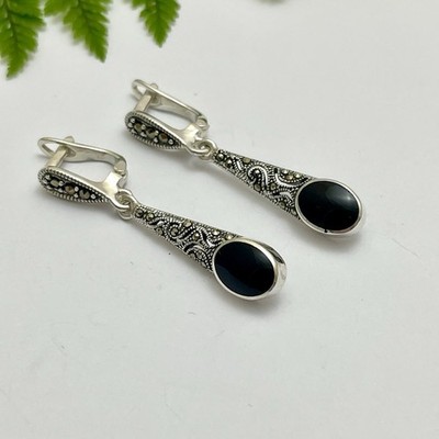 Stunning Solid Sterling Silver Black Onyx Marcasite Latch Back Earrings