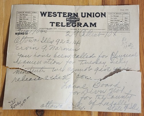 1918 WESTERN UNION TELEGRAM WWI SELECTIVE SERVICE DRAFT NOTICE OTTAWA ILL