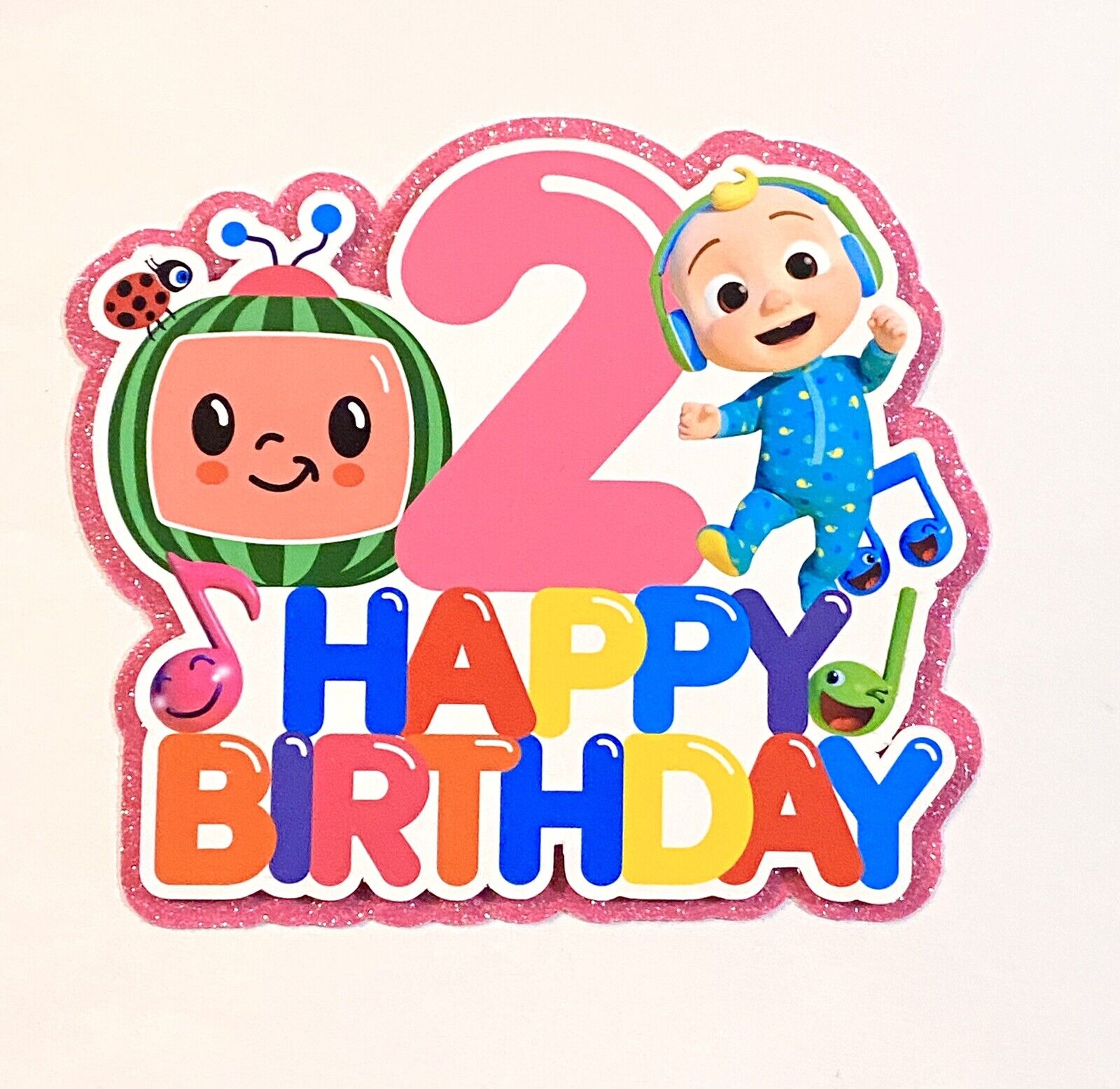 Cocomelon Happy Birthday + Age Cake Topper Glitter Cardstock