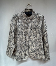 Chico's Womens Size 2 Silk Linen Beige Black Embroidered Mandarin Collar Jacket