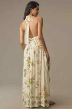 Farm Rio x Anthropologie V-Neck Floral Chiffon Halter Maxi Dress Yellow Sz M NEW