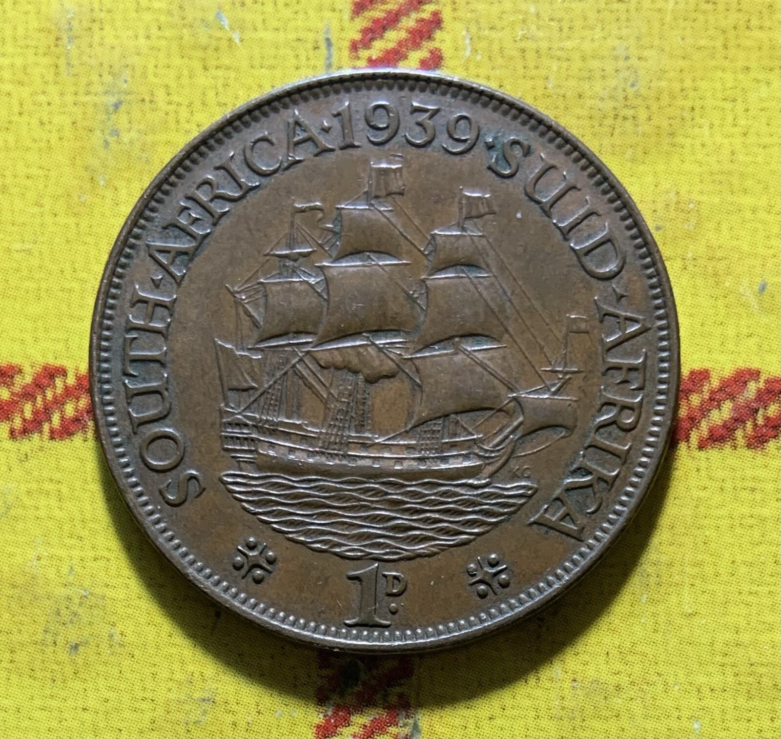 SOUTH AFRICA 1 penny 1939 KM25 XF bronze 31mm, VII / ship eBay