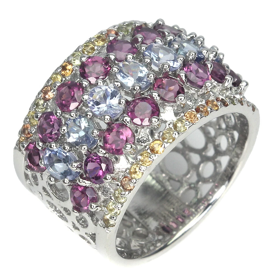 925 Anello Argento Sterling Ovale Tanzanite Rodolite Zaffiro Gemma Gioielli Sz - Immagine 2 di 4