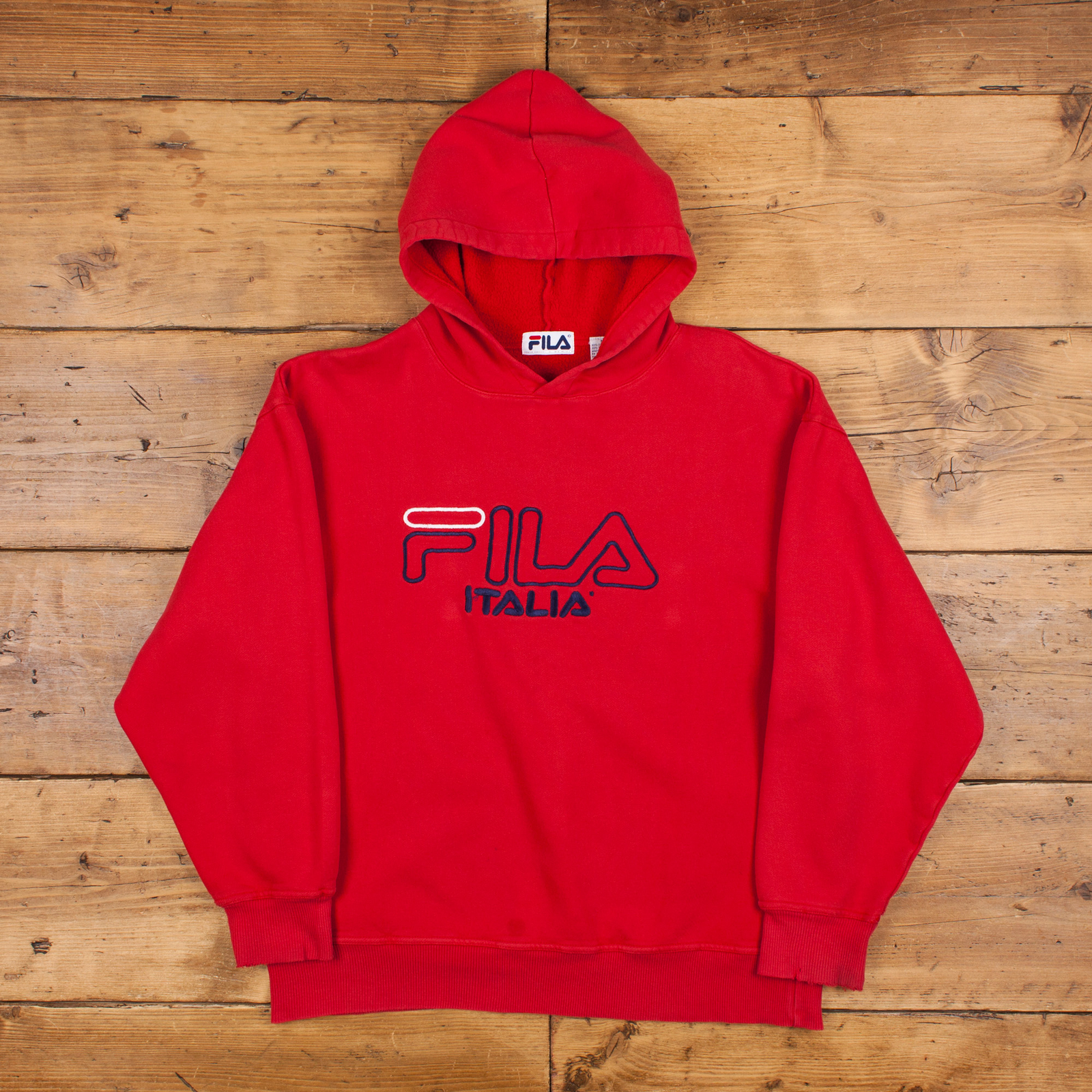 Felpa con cappuccio vintage Fila grafica M oversize anni 90 Italia con cappuccio rosso logo ricamato