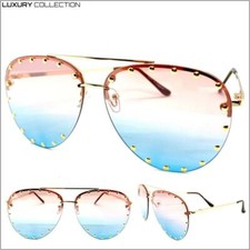 Classy Elegant Modern Retro SUN GLASSES Rose Gold Frame Studded Pink Blue Lens