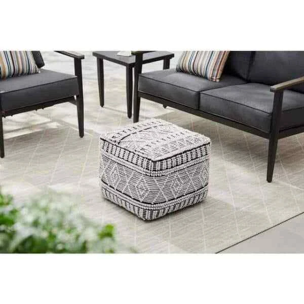 Woven Stripe Rectangular Outdoor Pouf Knife Edge Pillows Included Ottoman NEW