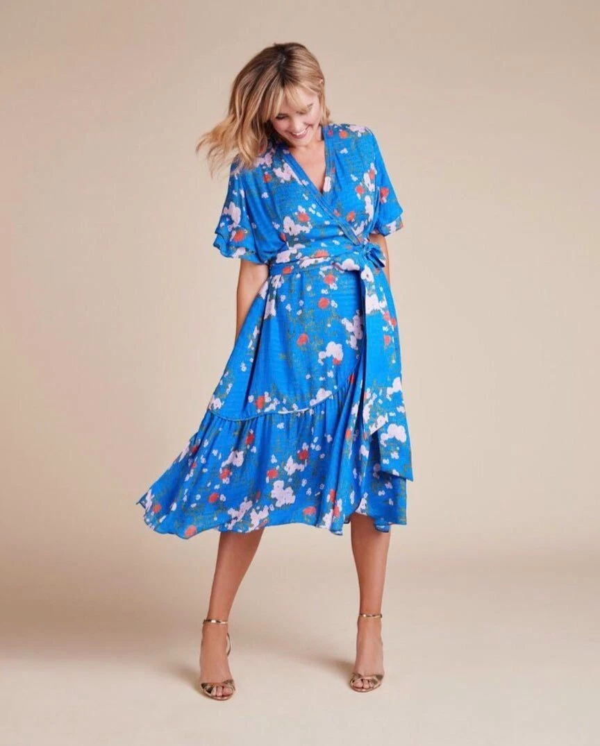 Tanya Taylor Blaire Falling Floral Print Blue Silk Dress Sz 6 eBay