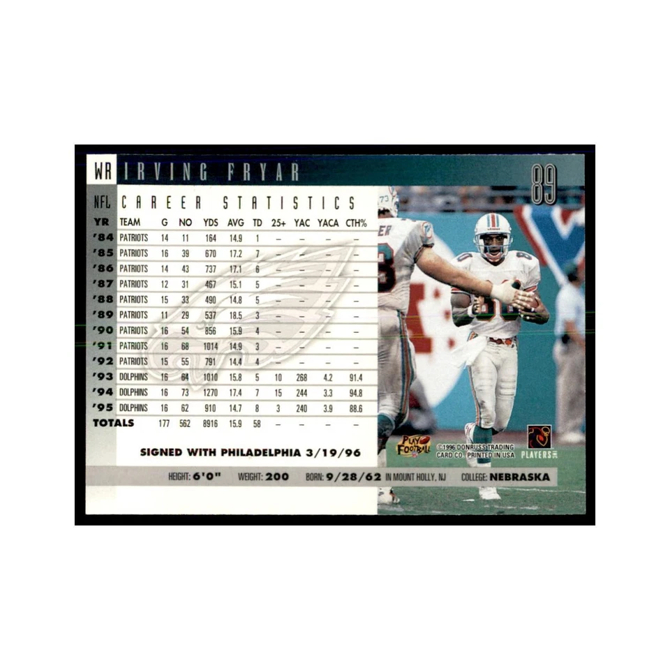 Irving Fryar 1996 Donruss #89 Football Cards Football Card NM - Image 2 of 3