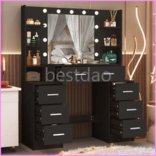 Makeup Vanity Desk with Mirror & LED Lights Dressing Table with 7 Drawers Black