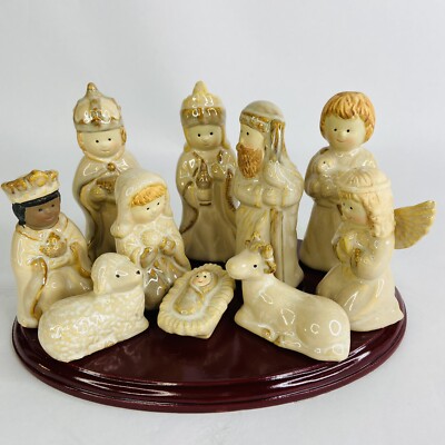 Ceramic Christmas Child Nativity Set with Wood Base 10 Piece Small Beige