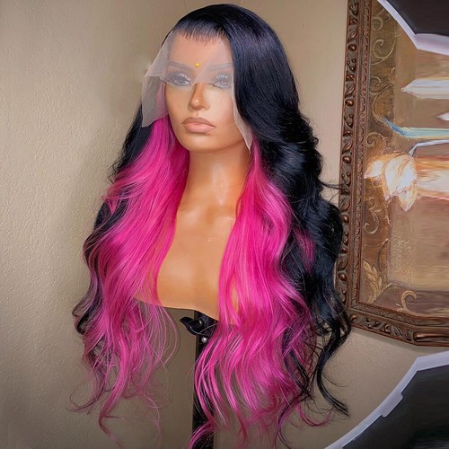 Long Natural Wave 13×4 Lace Front Human Hair Wigs Black Mix Pink Wig PrePlucked