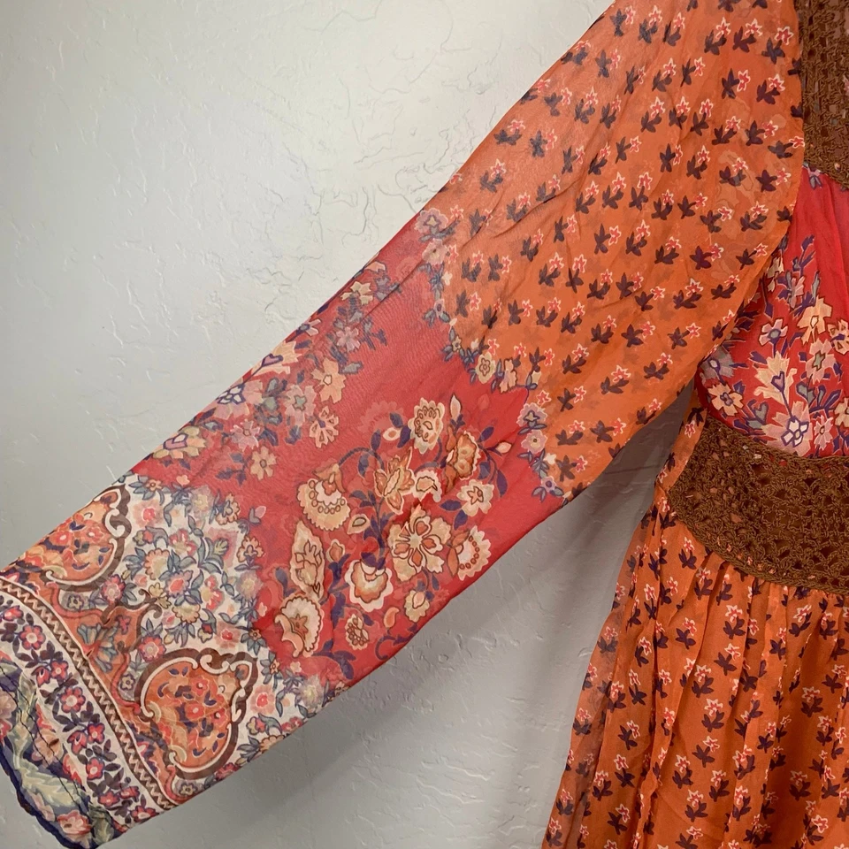 Vestido De Colección Y2K ECI New York Seda Para Mujer Talla 14 Naranja Rojo Cuello en V Manga Larga Boho Foto 4 de 4