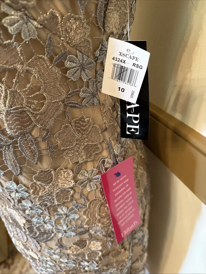 Vestido Xscape Nuevo con Etiquetas Encaje Superpuesto Cremallera Trasera Funda Formal MOB Talla 10 Oro Rosa/Plateado Foto 3 de 4