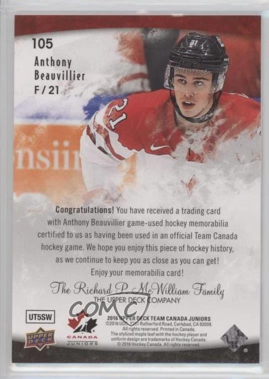 2016 Upper Deck Team Canada Juniors Jerseys Anthony Beauvillier #105 Rookie RC - Image 2 of 2
