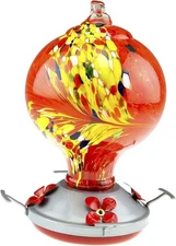Hummingbird Feeder with Perch Hand Blown Globe Glass in Red 29 Fluid Ounces