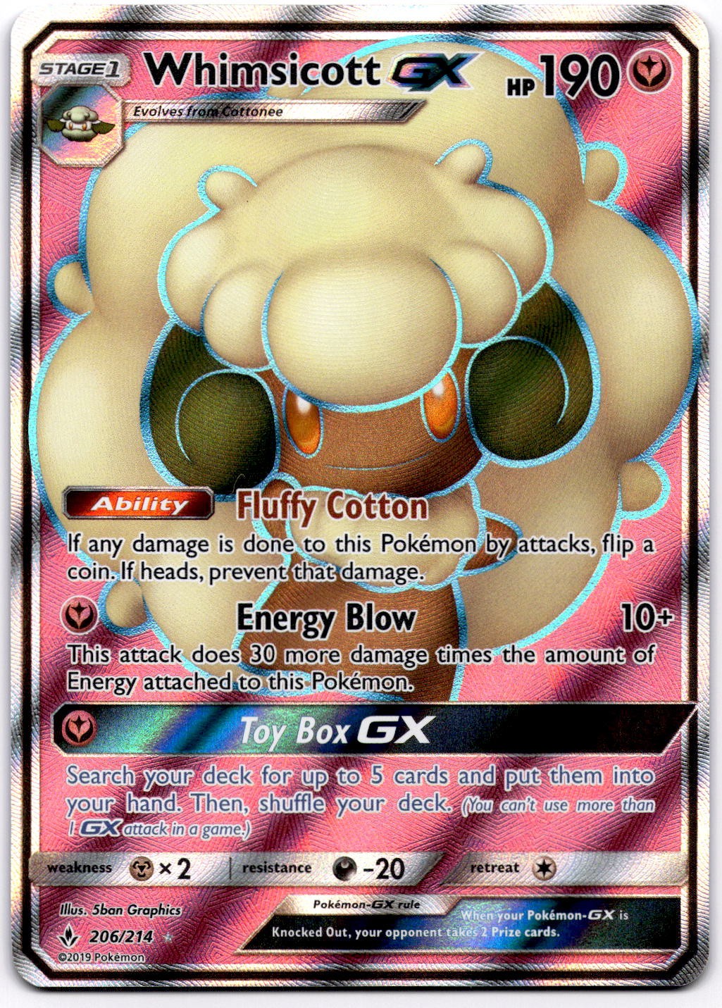 Whimsicott GX 206/214 SM Unbroken Bonds Full Art Ultra Rare Pokemon Card - NM