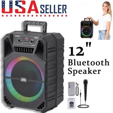Portable 12" Bluetooth Party Speaker Heavy Bass System FM USB AUX DJ Light Mic