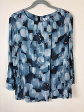 Kin Size UK 14 Blue Abstract Patterned Top Round Neck 3/4 Sleeves