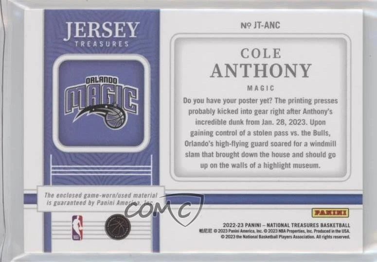 2022-23 Panini National Treasures Jersey Prime /25 Cole Anthony #JT-ANC - Image 2 of 2