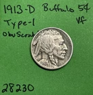 1913-D Buffalo 🦬 Indian Head Nickel 5c Piece Ty-1 Vf Very Fine Obverse Scratch
