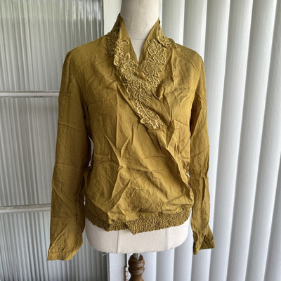 Noa Noa Blouse Womens S Gold/Mustard Floral Appliqué Crossover Front L/sleeve