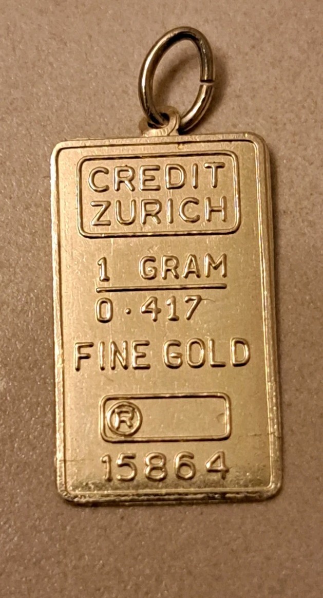 SOLID FINE 10K GOLD .416 BAR 1 GRAM INGOT CREDIT ZURICH PENDANT