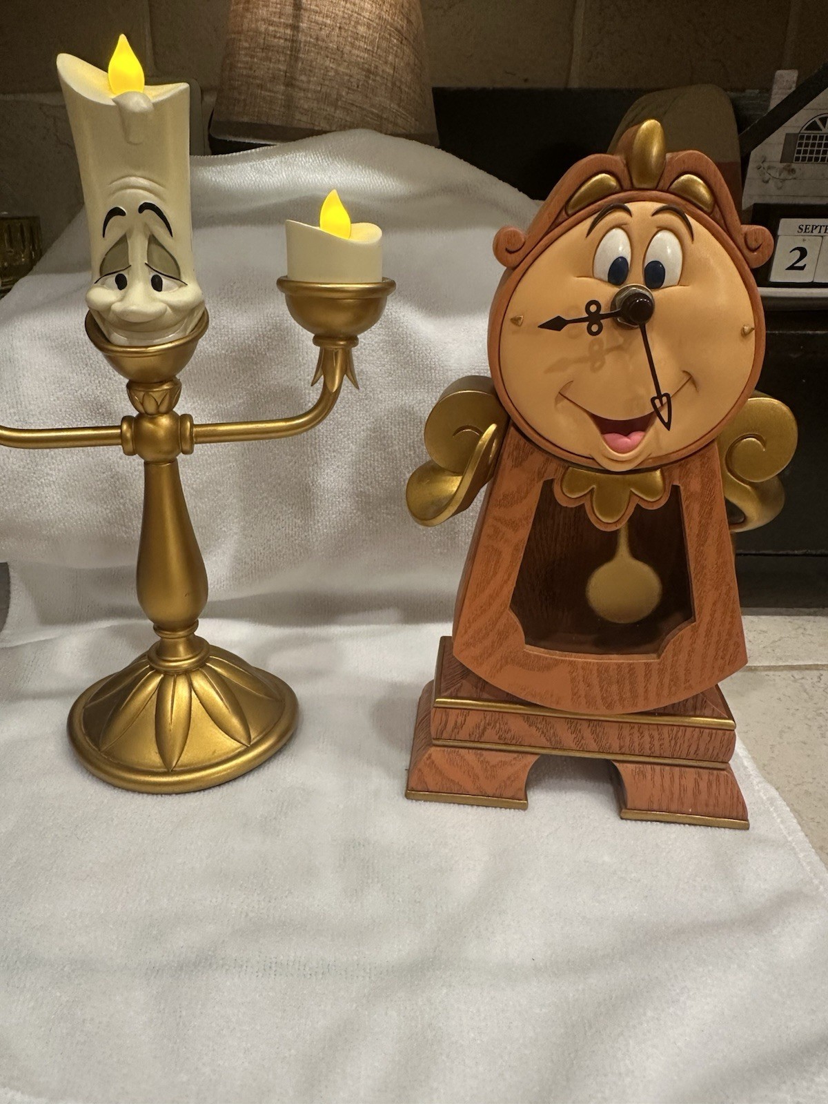 Disney Parks Beauty & The Beast Cogsworth Clock Lumiere Light Up Figure Set.