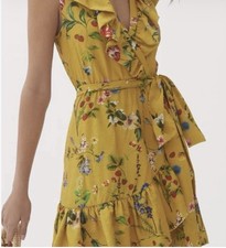 Anthropologie Maeve Yellow Floral-Wrap Mini Dress Size XS Missing Belt