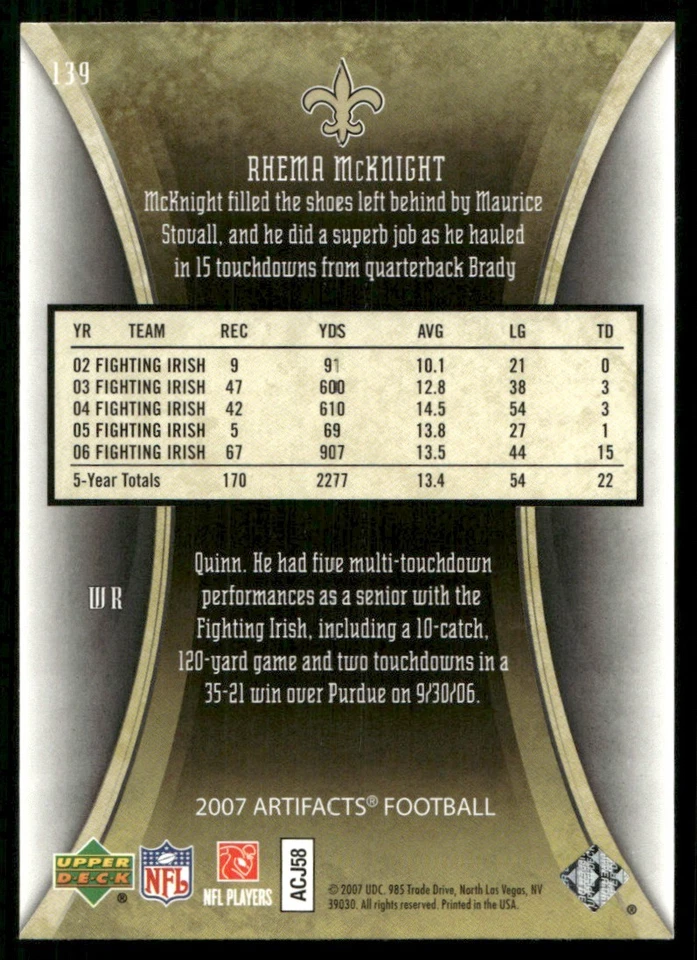 2007 Upper Deck Artifacts Rhema McKnight RC #139 - Image 2 of 2
