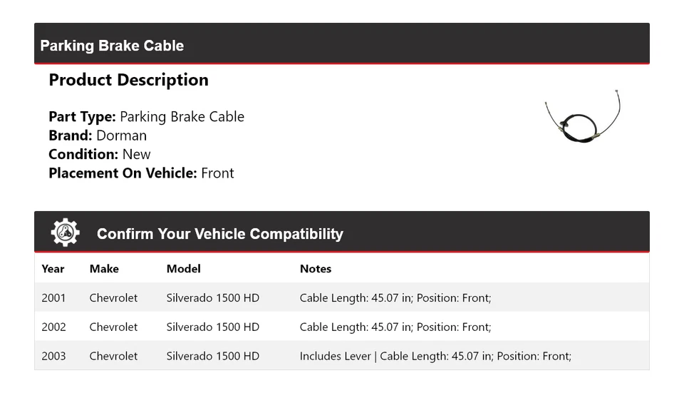 Кабель переднего стояночного тормоза для Chevrolet Silverado 1500 HD Dorman 2001-2003 годов выпуска 2002 - Изображение 2 из 4