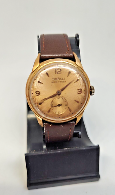 Tourist Vintage Swiss Watch Ancre 17 Rubis Sunburst Gold Dial