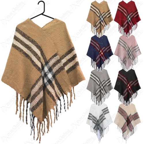 WOMENS CHECK ASYMMETRIC TASSEL FRINGE PONCHO LADIES DESIGNER LOOK CAPE