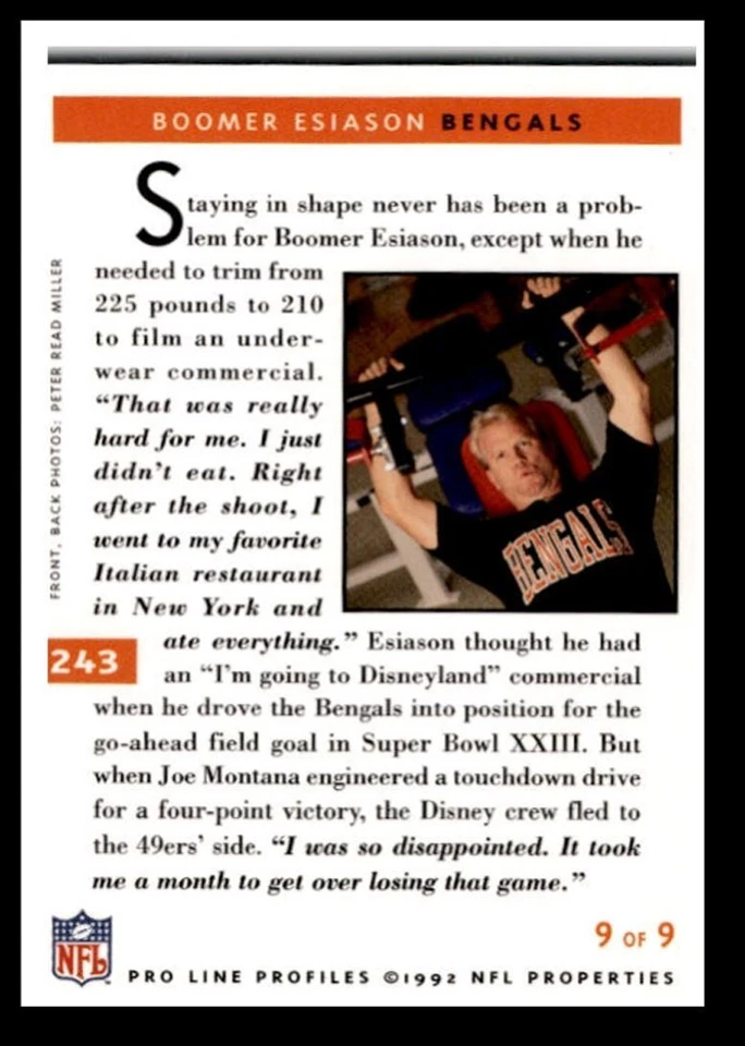 1992 Pro Line Profiles Boomer Esiason ,, Cincinnati Bengals #243 - Image 2 of 2