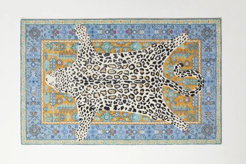 Octavia Leopard Blue & Gold Modern Hand-Tufted 100% Wool Area Rug Carpet - Picture 1 of 4