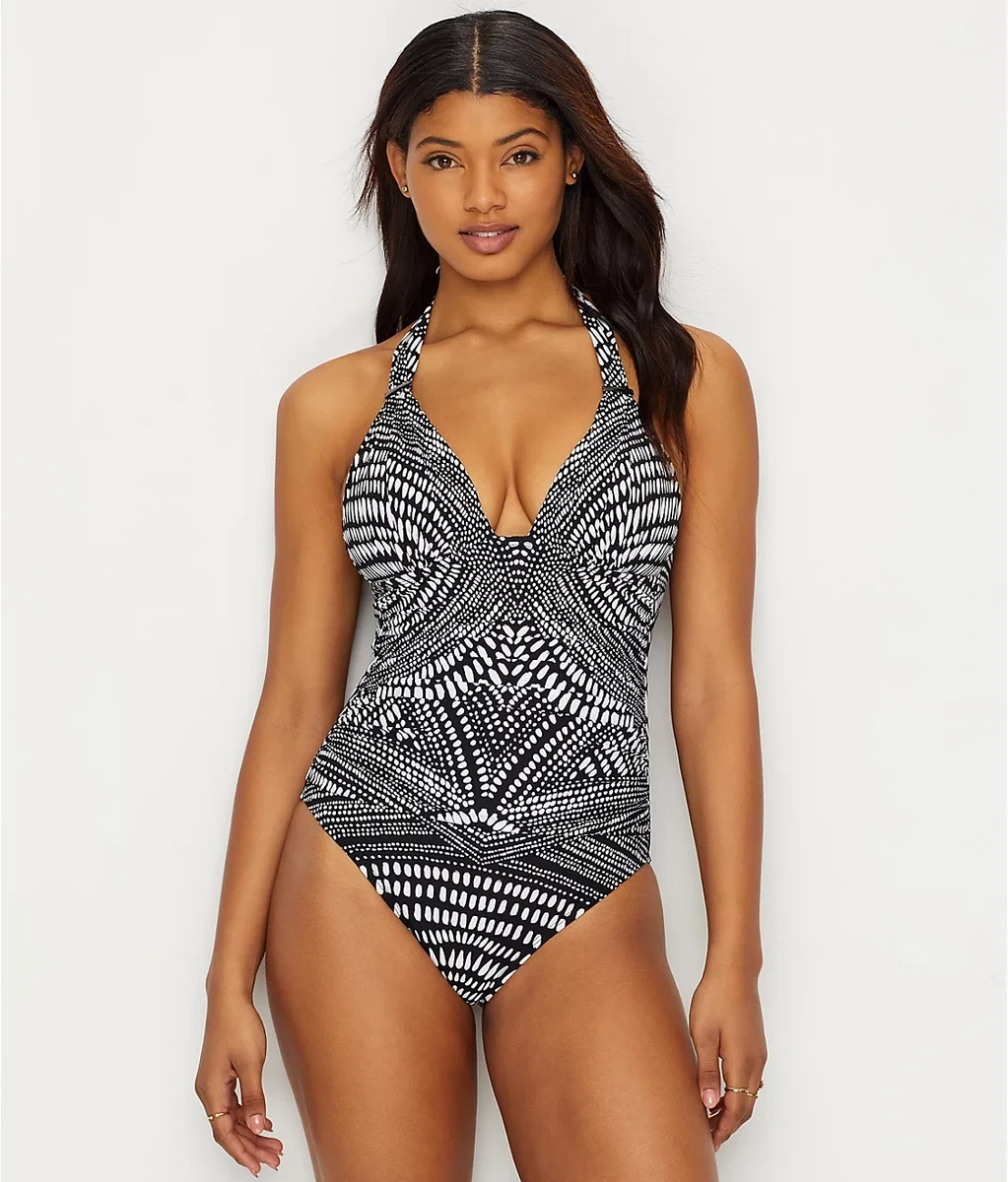 KENNETH COLE Black White Lines Tranquility One Piece Swimsuit US X Large NWOT