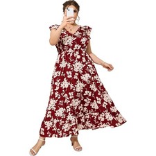 KOJOOIN Summer Dress w/Ruffle Cap Sleeve V Neck Side Split Long Beach Maxi