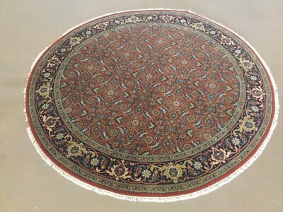 5  X 5  Round Rust Navy Blue Traditional Geometric Hand Knotted Oriental Rug