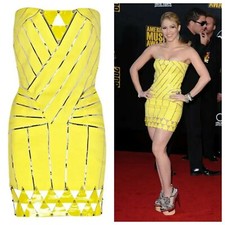 VERSACE Embellished Yellow Stretch Mini Dress with Patent Leather Detail Sz 44