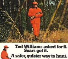 1970 SEARS TED WILLIAMS HUNTING GEAR Vintage Print AD MONSANTO ACRILAN ORANGE AD