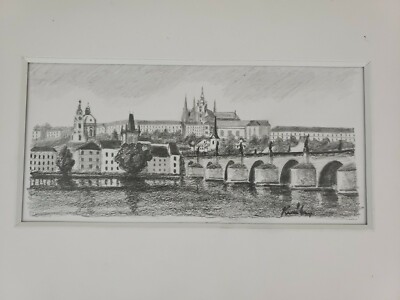 Koblenz Germany Bridge Penciled SKETCH Original Black White 12x8 Matted Original