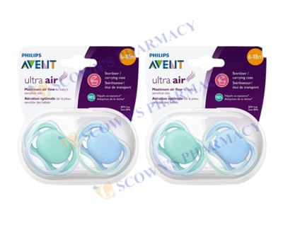 2 x AVENT Ultra Air Pacifier 6-18 Months 2 Pack Light-Breathable to Baby's Skin