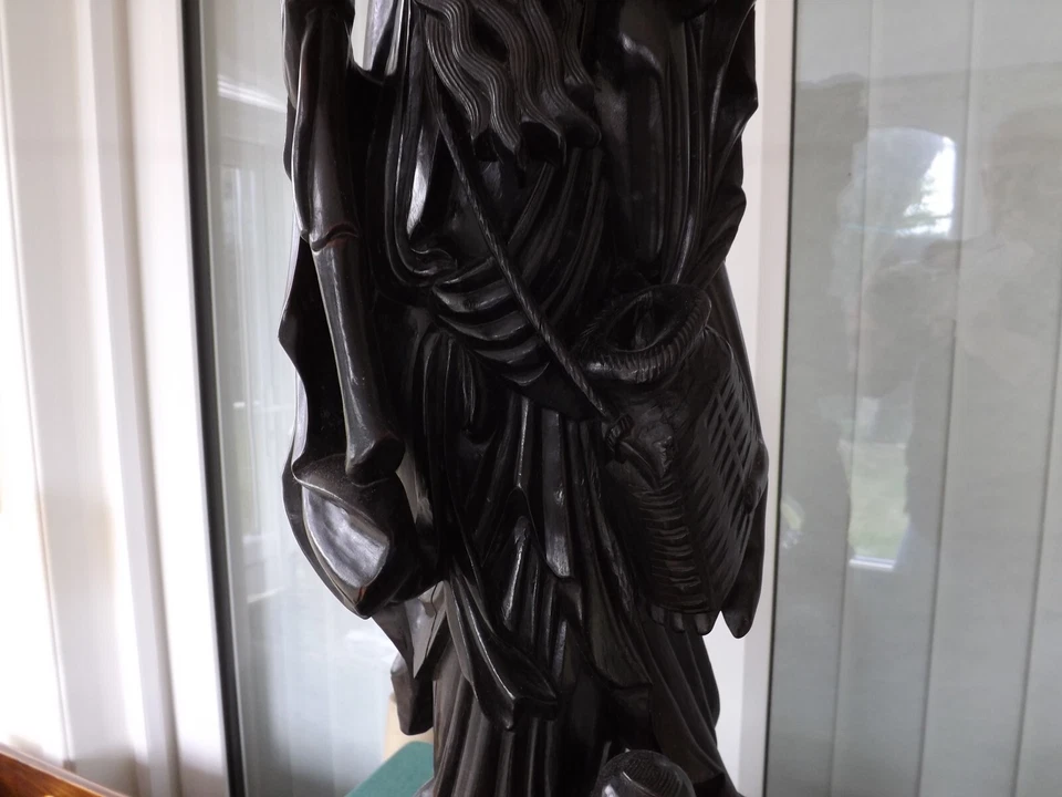 Old very Large 66cm Carved Wooden Chinese Figure Deity Fisher man boy & fish - Image 4 of 4