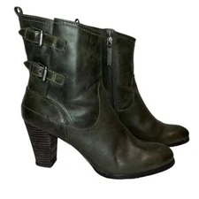Biala Olive Leather Heeled Double Buckle Zip Ankle Booties Size 41