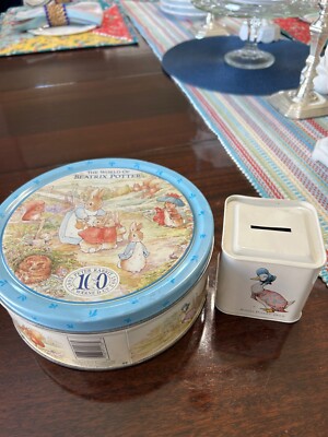 Vintage Peter Rabbit Beatrix Potter Collectible Tin & Jemima Puddle Duck CoinTin