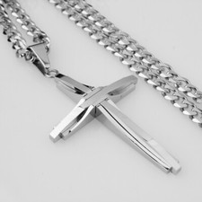 Classic Men's Women's Silver Stainless Steel Cross Pendant Necklace Cuban Chain