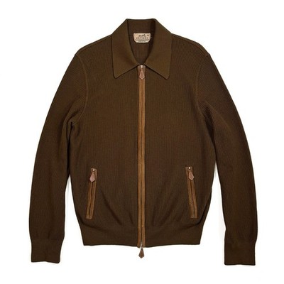 HERMÈS Merino Wool Knit Zip Blouson Leather Accents Size M