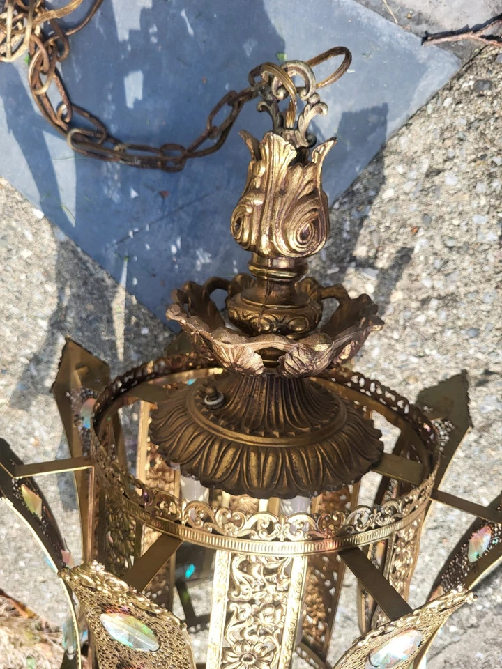 VTG MCM Regency Brass Filigree  Hanging Swag Light Chandelier AB Crystals - Image 4 of 4