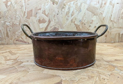 Vintage ovaler Kupfertopf/Übertopf doppelte Messinggriffe 20 x 16 x 8 cm Made in Eng