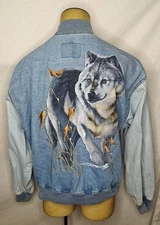 Vtg 90s International Denim wolf animal print snap-button jean jacket Large